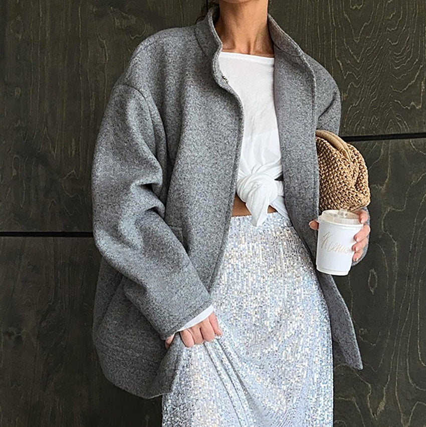 Women's Gray Woolen Graceful Stand Collar High-grade Coats