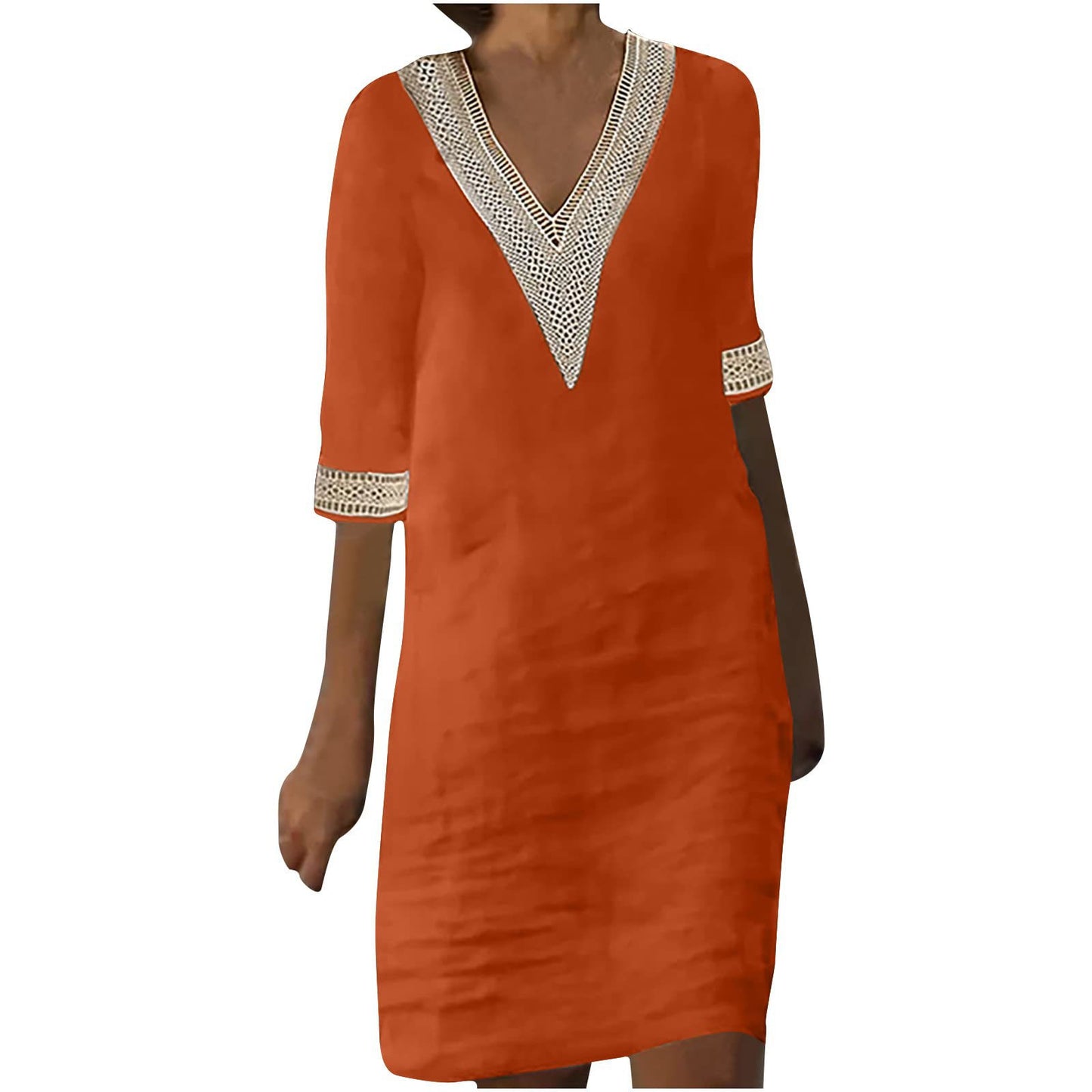 Women's Linen Small Lace Patchwork Retro Solid Dresses