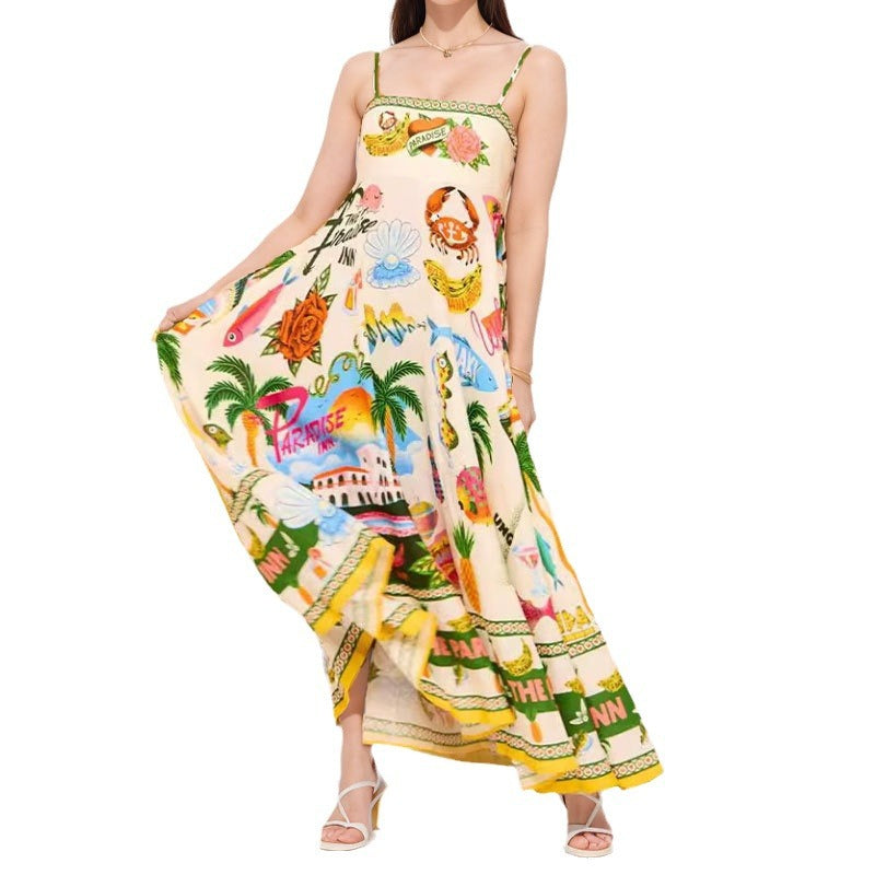 Women's High Waist Print Painted Large Swing Dresses