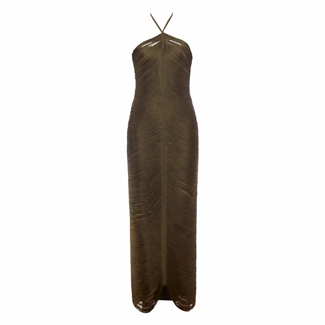 Women's Sleeveless Halter Tassel Long Summer Banquet Dress