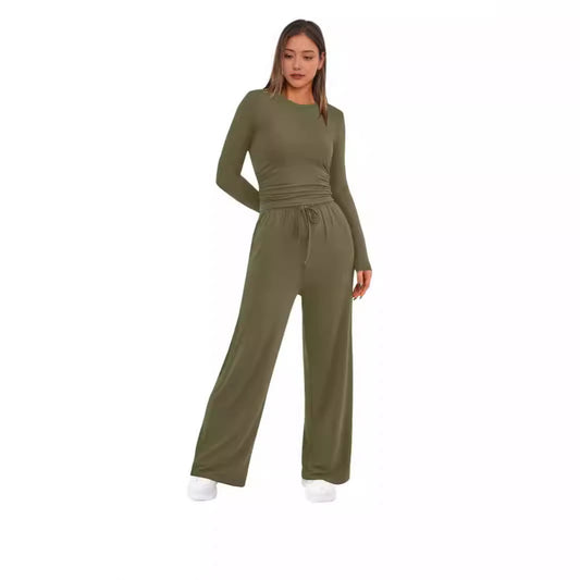 Autumn Solid Color Casual Waist Pleated Tops