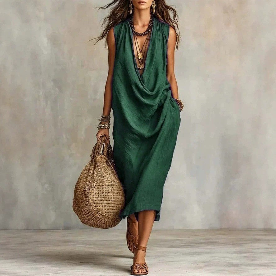 Women's Casual Sleeve Loose Swing Collar Cotton Dress