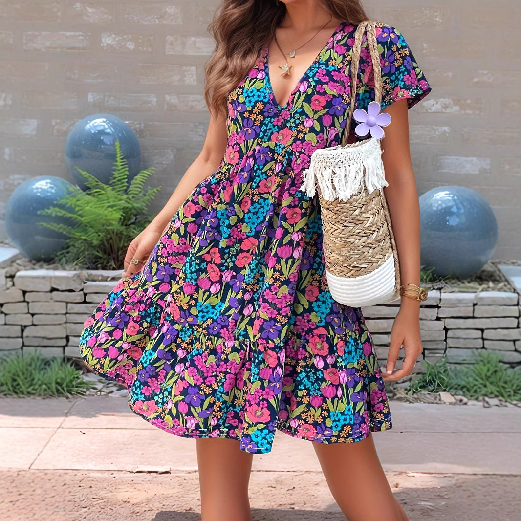 Comfortable Women's Printed Stitching Flower Short-sleeved Dress