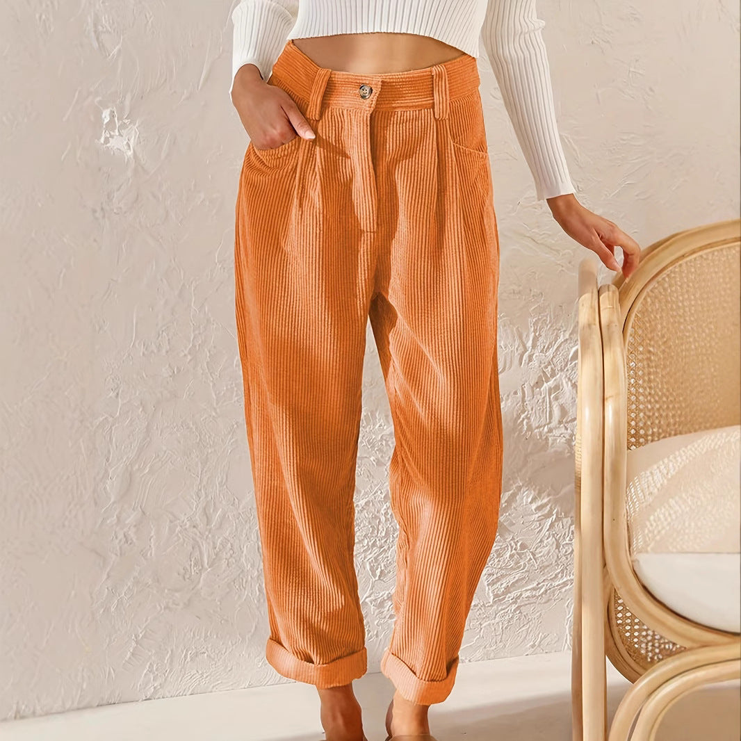 Women's High Waist Casual Solid Color Corduroy Pants
