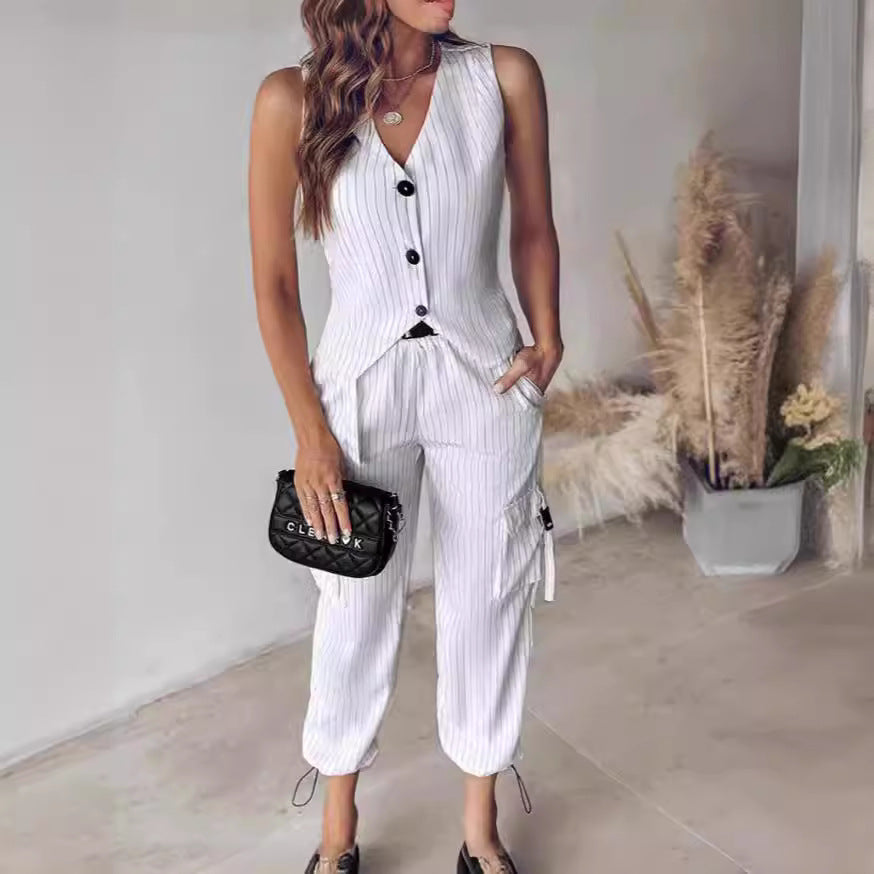 Stylish Classic Women's Printed Sleeveless Trousers Fashion Casual Suit
