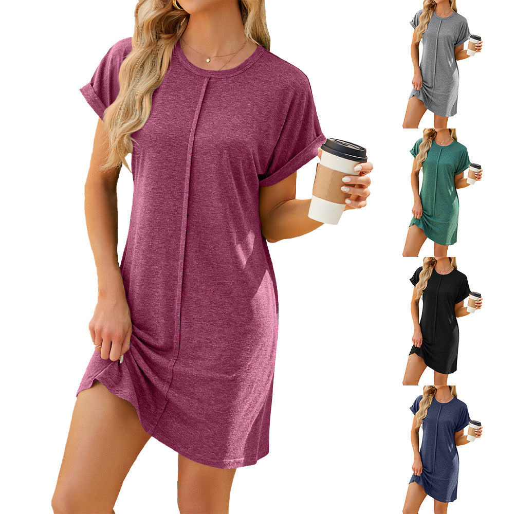 Women's Round Neck Solid Color Sleeve Loose Dress
