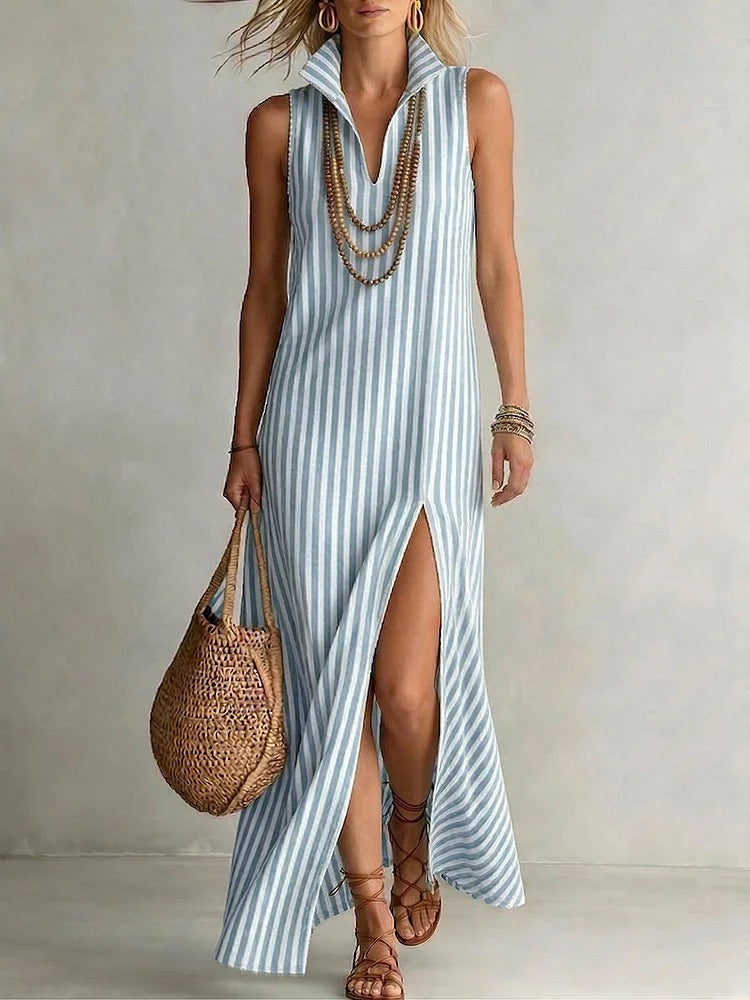 Striped Stand Collar Sleeveless Split Long Dress