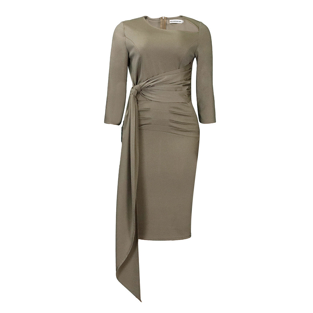 Women's Pleated Bandage Solid Color Sheath Business Temperament Plus Size