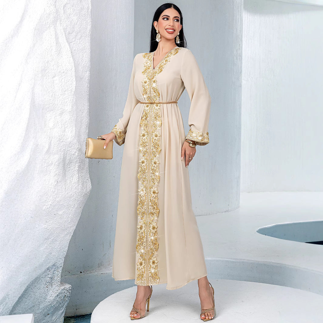 Beige A- Line Fashionable Golden Lace Dresses