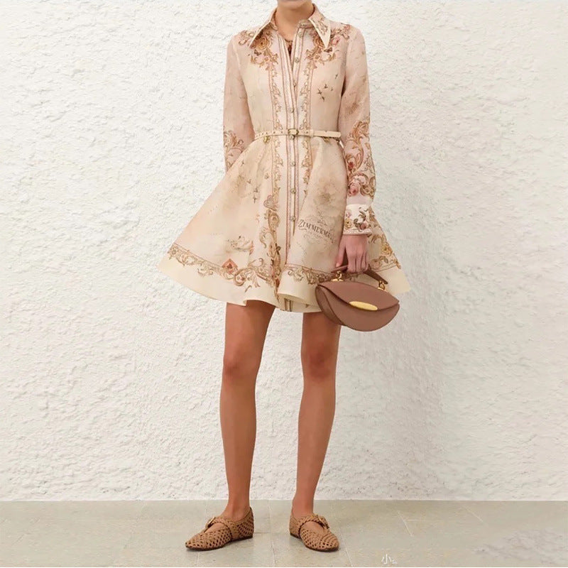 Printed Shirt Collar Design Sense Belt Retro Shorts