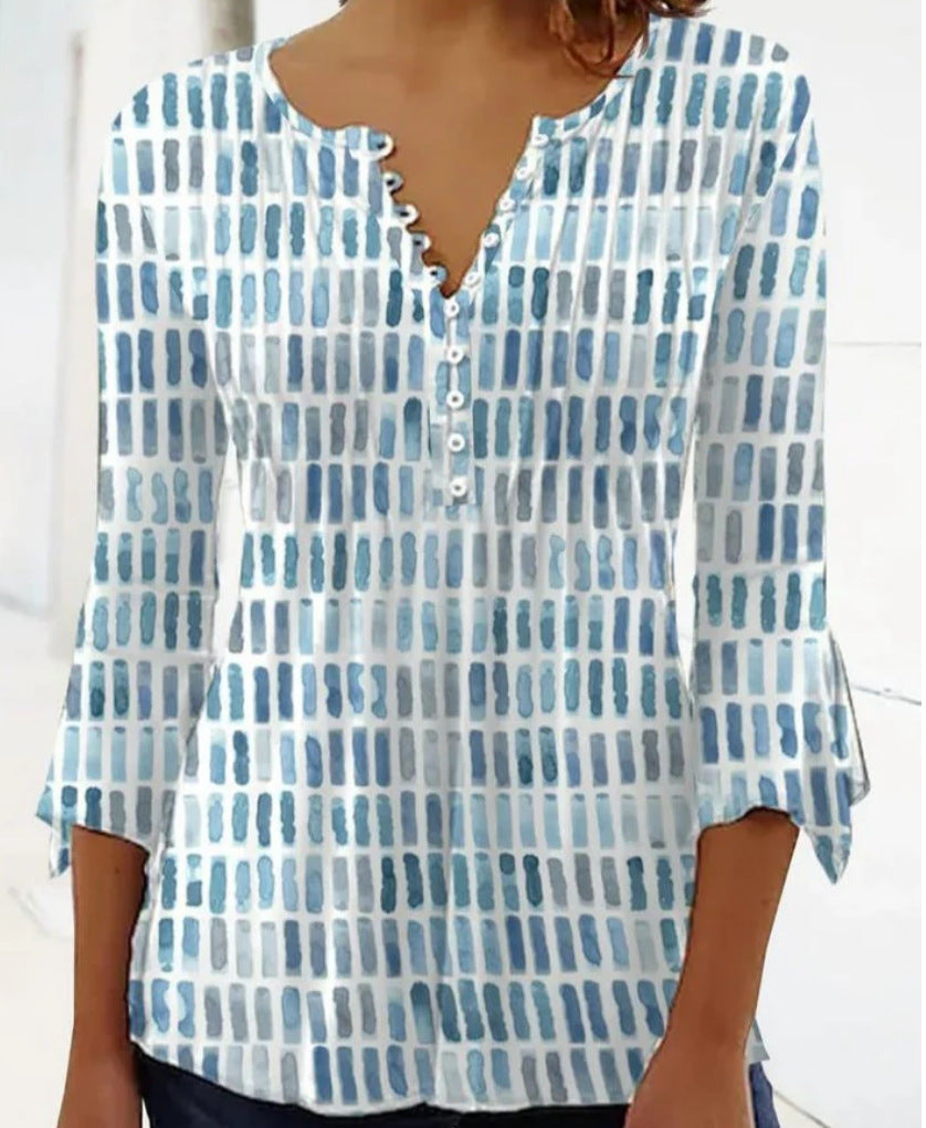 Women's Digital Printing Button T-shirt Flared Sleeves Clothing