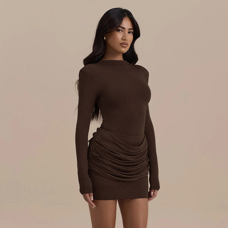 Women's Pleated Sheath Long Sleeve Waist Slimming Clothing