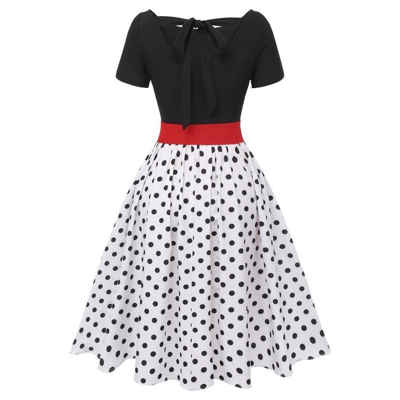 Women's Retro Round Dot Red Bow Waist Midi Sleeve Dress
