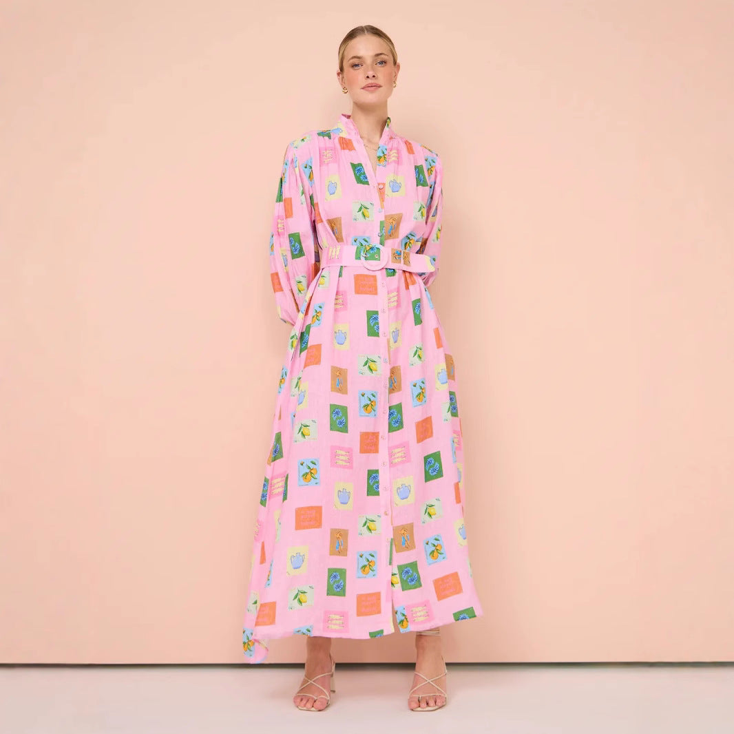 Long Casual Lantern Sleeve Fashion Printing Dress