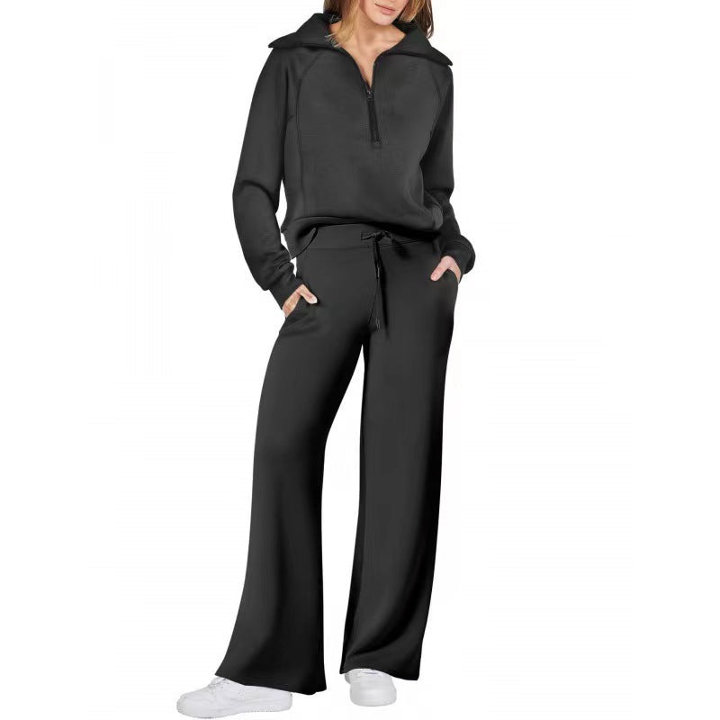 Women's Exercise Zipper Sweatshirt Wide Leg Pants