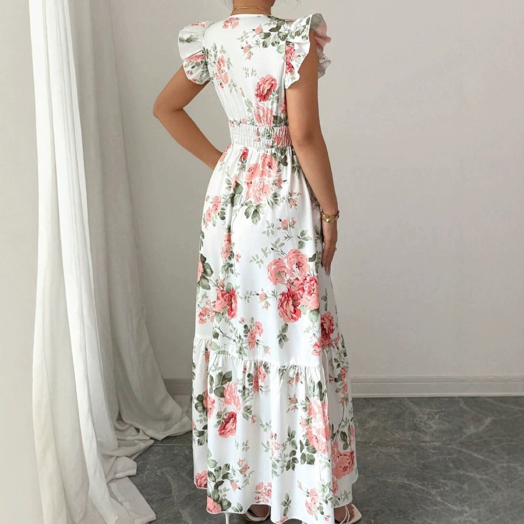 Women's Sleeveless Sleeve Elegant Graceful Printed Ruffle Plant Dress
