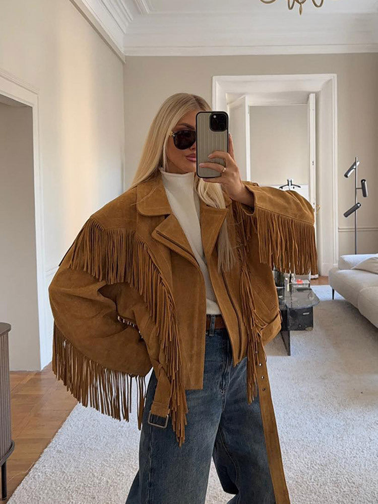 Women's Retro Style Lapel Tassel Wide Shoulder Coats