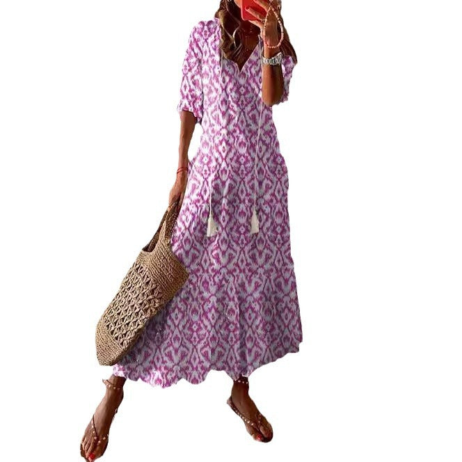 Women's Casual Sweet Loose Printed Tassel Long Dresses