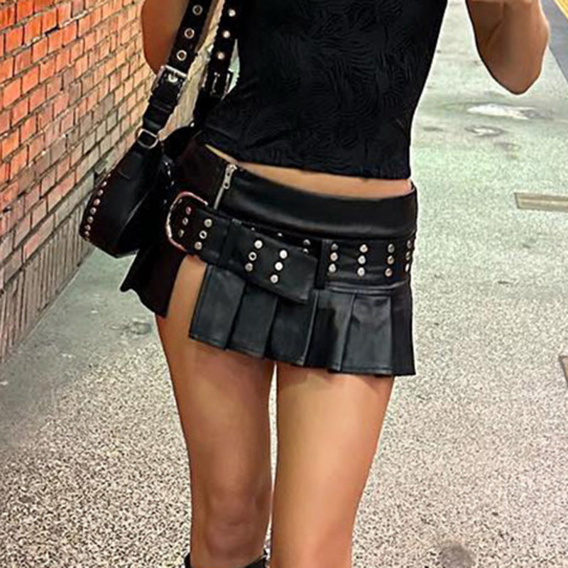 Stitching Belt Buckle Slit Pleated Punk Versatile Skirts