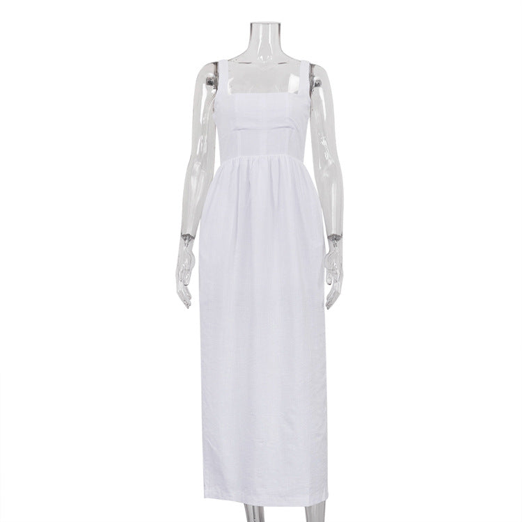 Women's White Suspender Dress Casual Fold Split Dresses