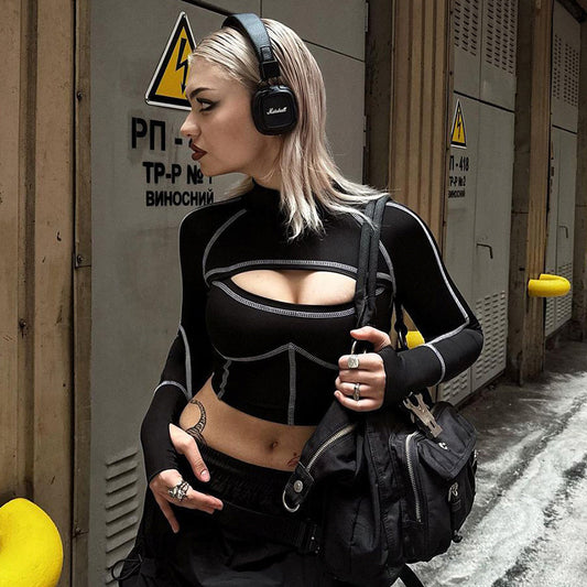 Mesh Patchwork Cropped T-shirt Hot Slimming Reverse Car Blouses