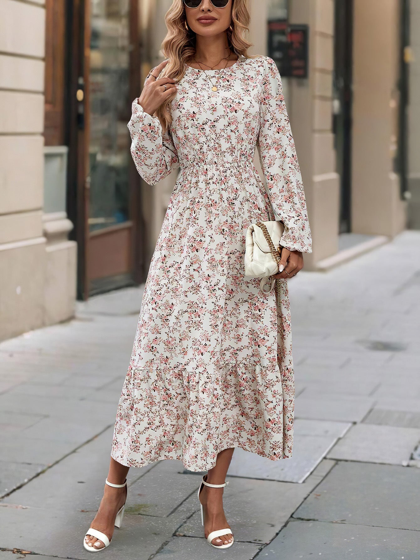 Women's Printed Round Neck Long Sleeve Ruffled Dress