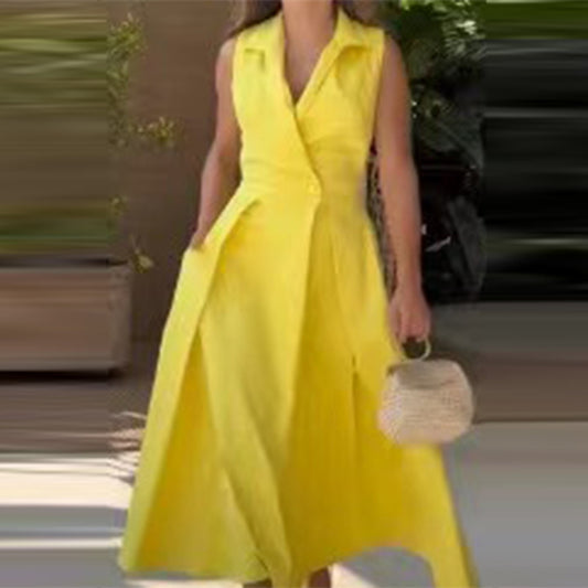 Autumn Solid Color Polo Collar Pleated Long Dresses