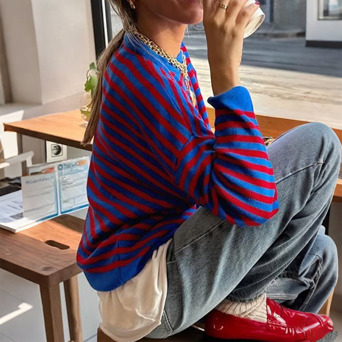 Women's Casual Simple Striped Long-sleeved T-shirt Woolen Blouses