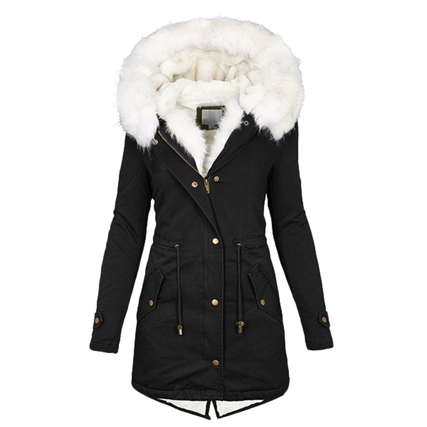 Women's Mid-length Trench White Fur Collar Hood Coats