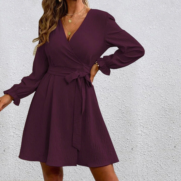 Solid Color Slit Collar Drawstring Lantern Dress