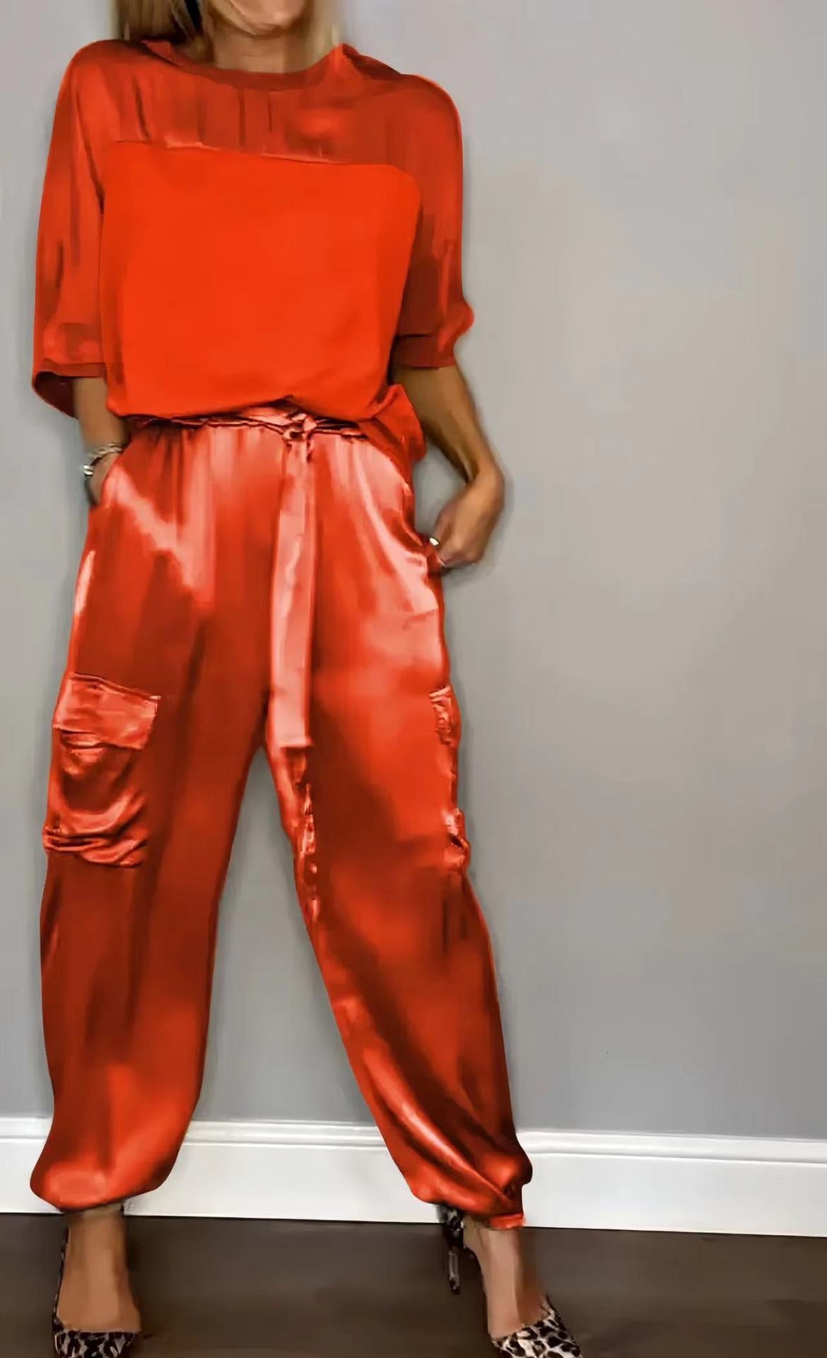 Women's Solid Color Smooth Satin Half Sleeve Shirt Two-piece Fashion Casual Suit