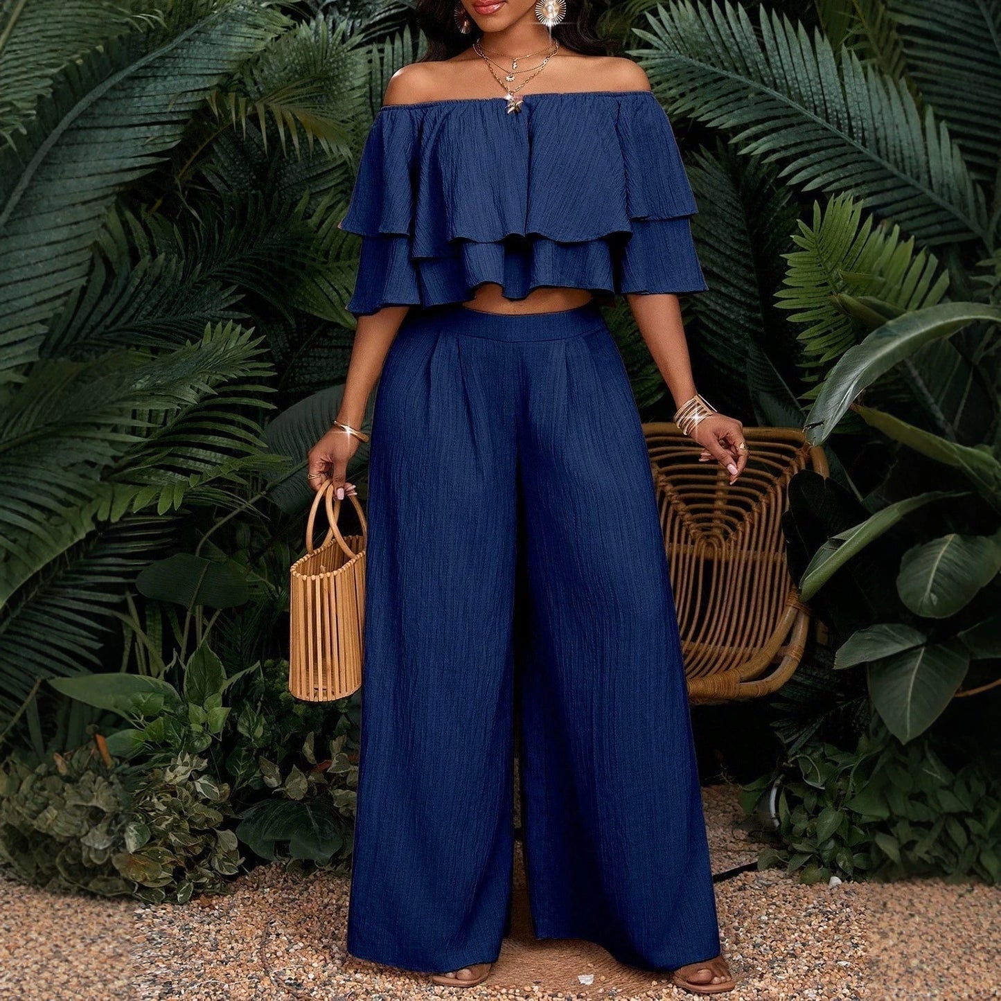 Ruffled High Waist Wide Leg Two-piece Fashion Casual Suit