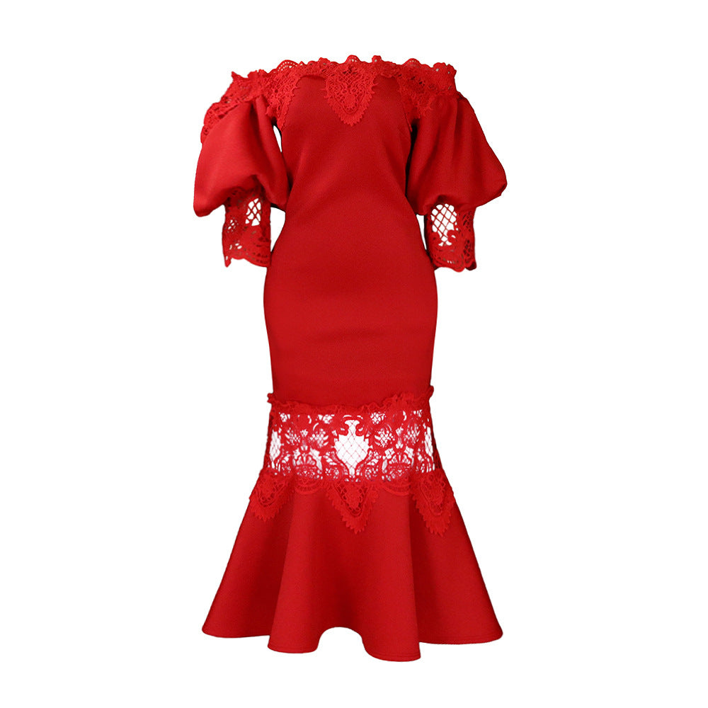 Women's Puff Sleeve Lace Stitching Banquet Fishtail Dress