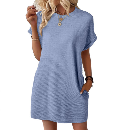 Women's Round Neck Pocket Solid Color Sleeve Shorts