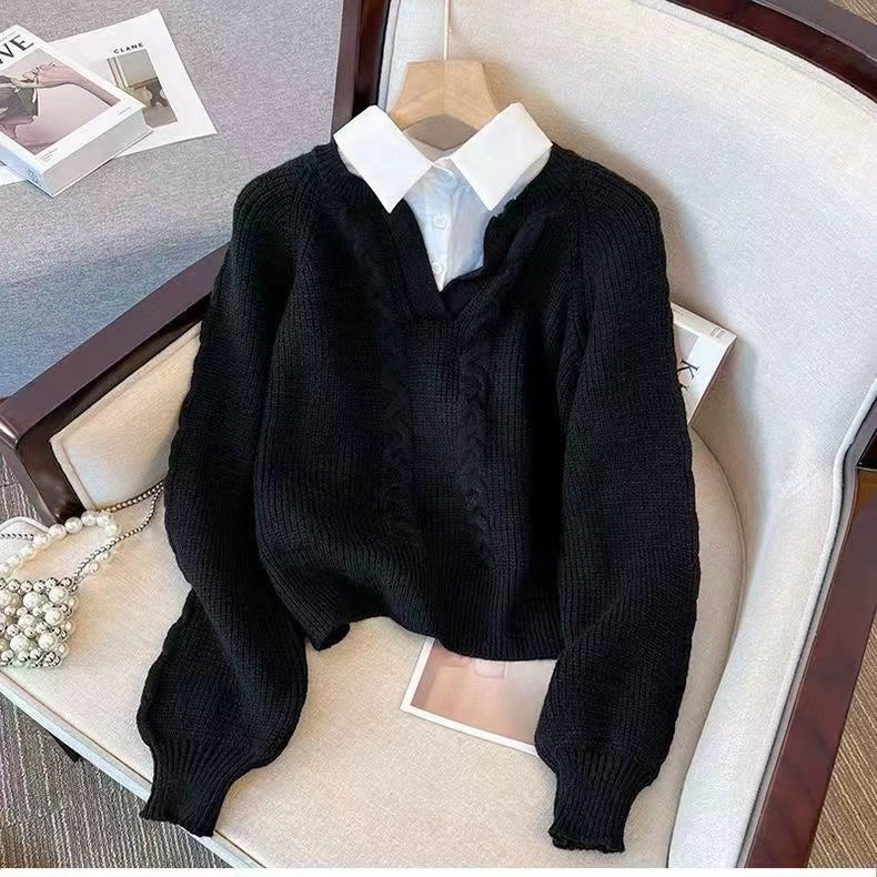 Women's Style Fake Two-piece Autumn Design Pullover Loose Slimming Sweater