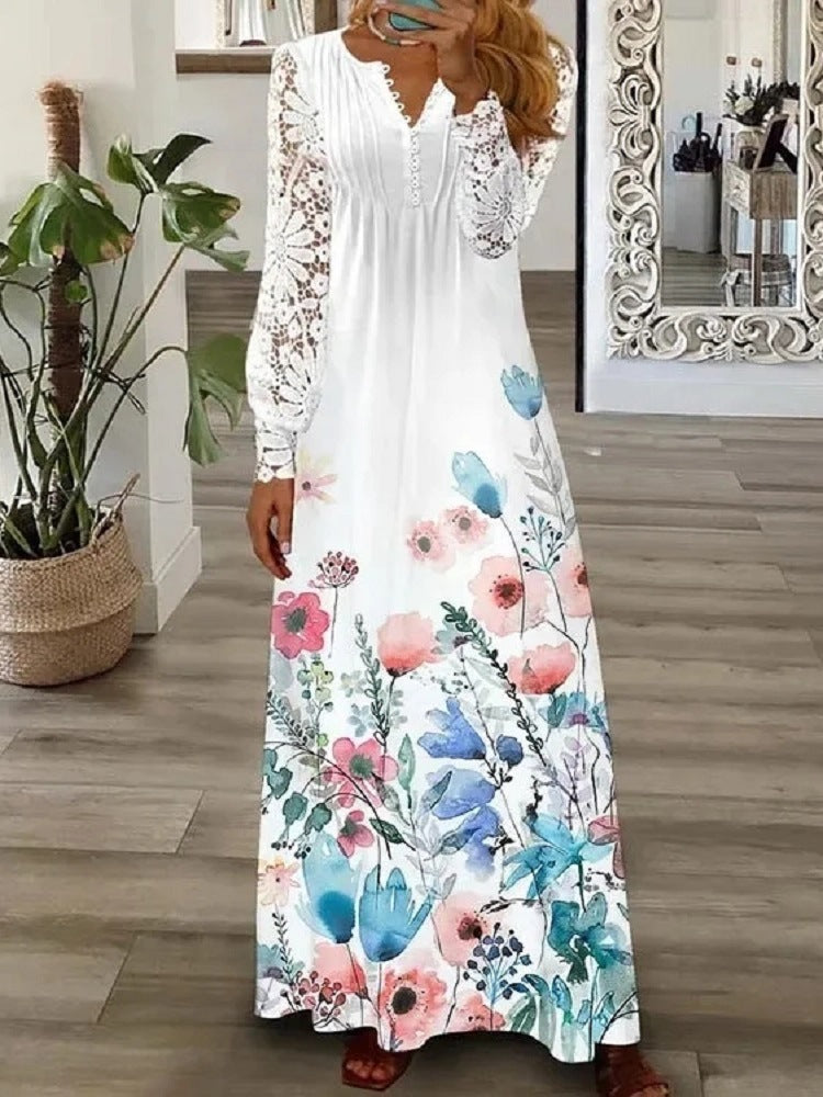 Women's Autumn Fashion Printed Lace Long-sleeved Clothing