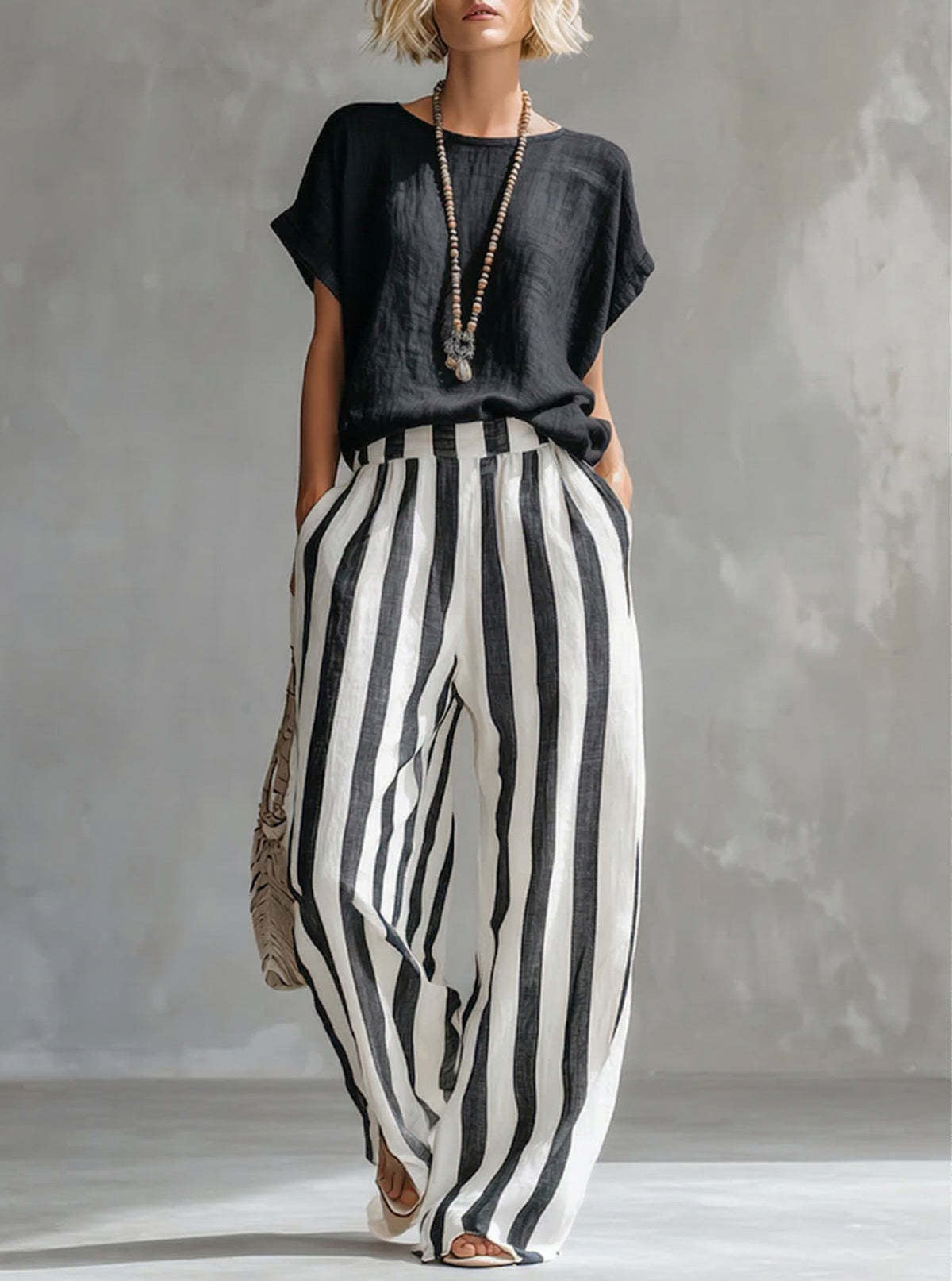 Women's Round Neck Straight Striped Trousers Fashion Casual Suit