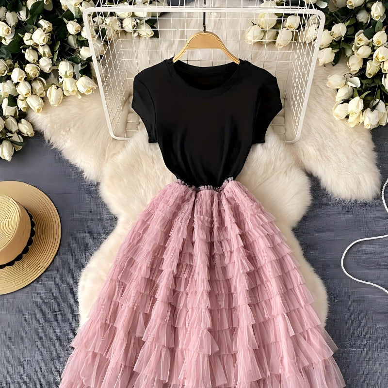 Women's Patchwork Mesh Summer French Waist Dress