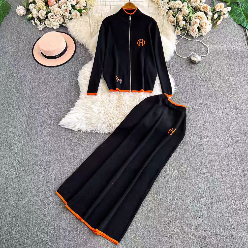 Women's Zipper Embroidered Long-sleeved Two-piece High Waist Suits