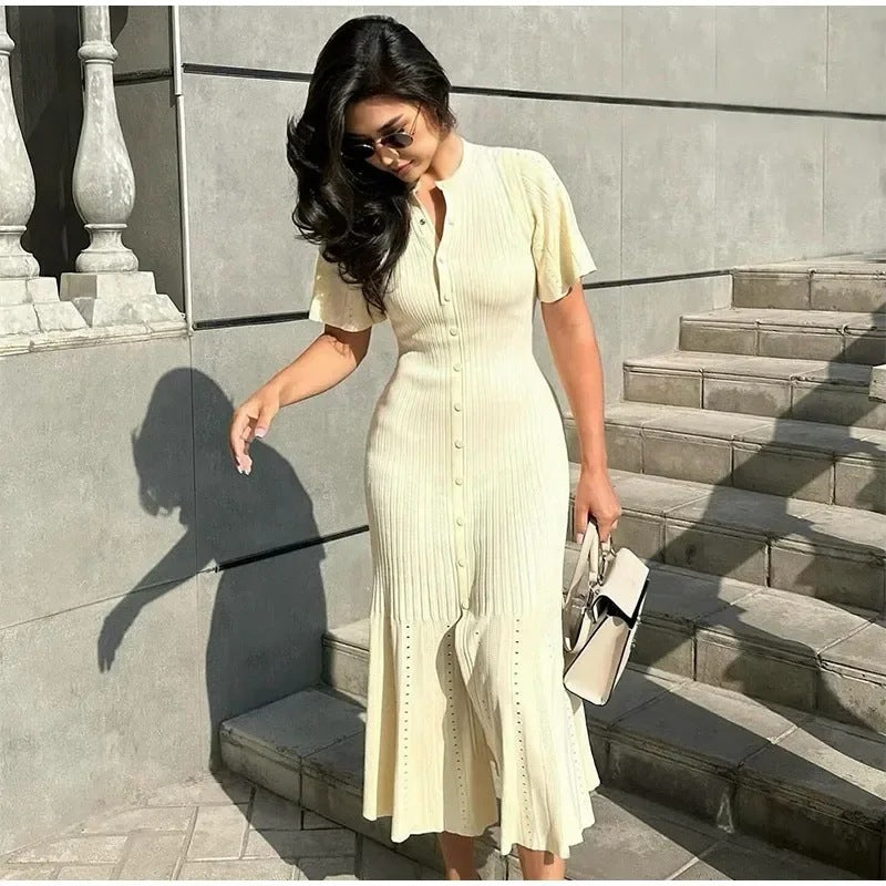 Women's Sleeve Button Slit Knitted Dress Fashion Dresses