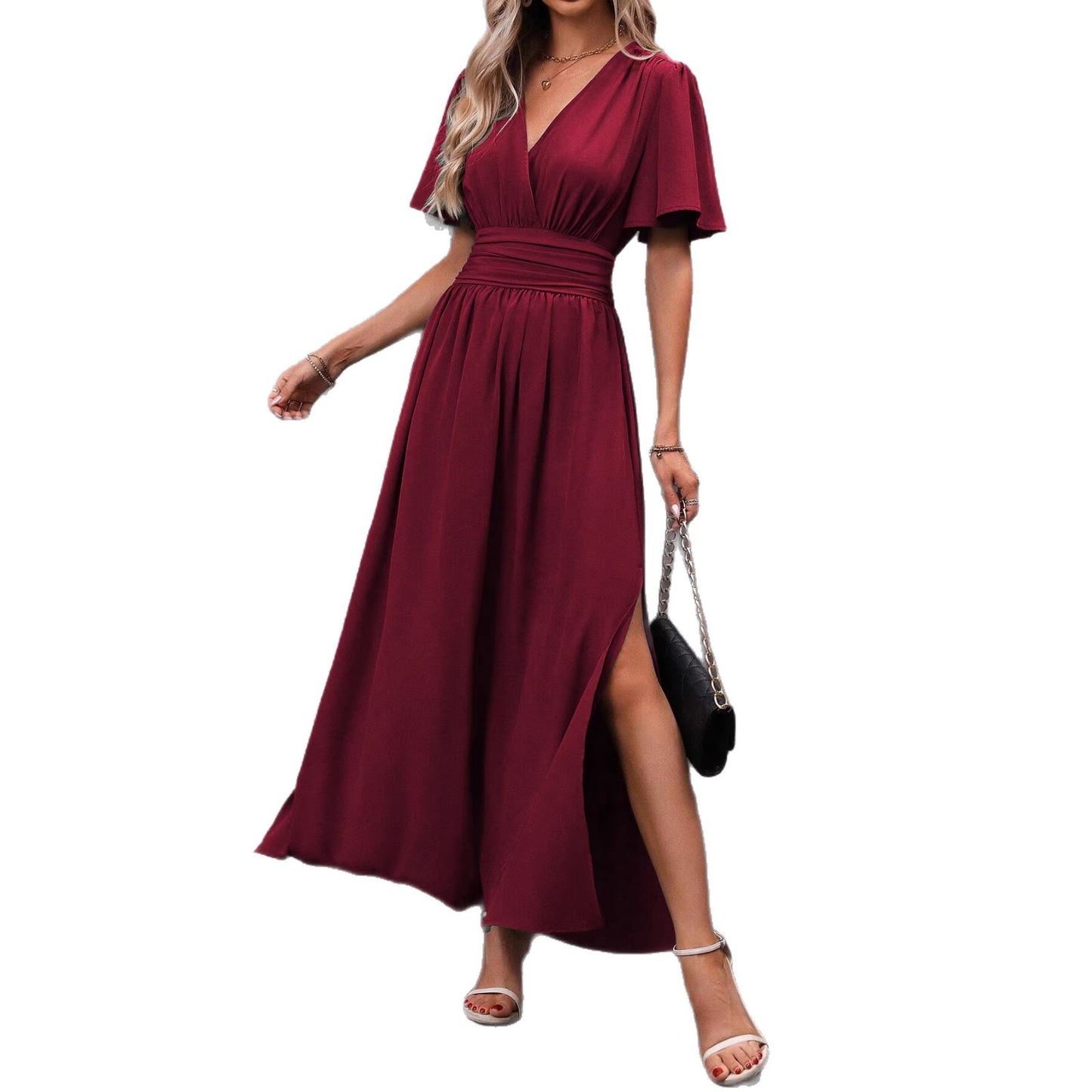 Women's Flying Sleeves Back Waist Smocking High Slit Dress