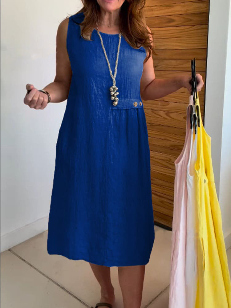 Women's Summer Button Pocket Sleeveless Round Neck Cotton Dress