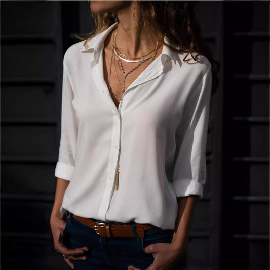 Women's Long Sleeve Ladies Lapel Button Shirt Blouses