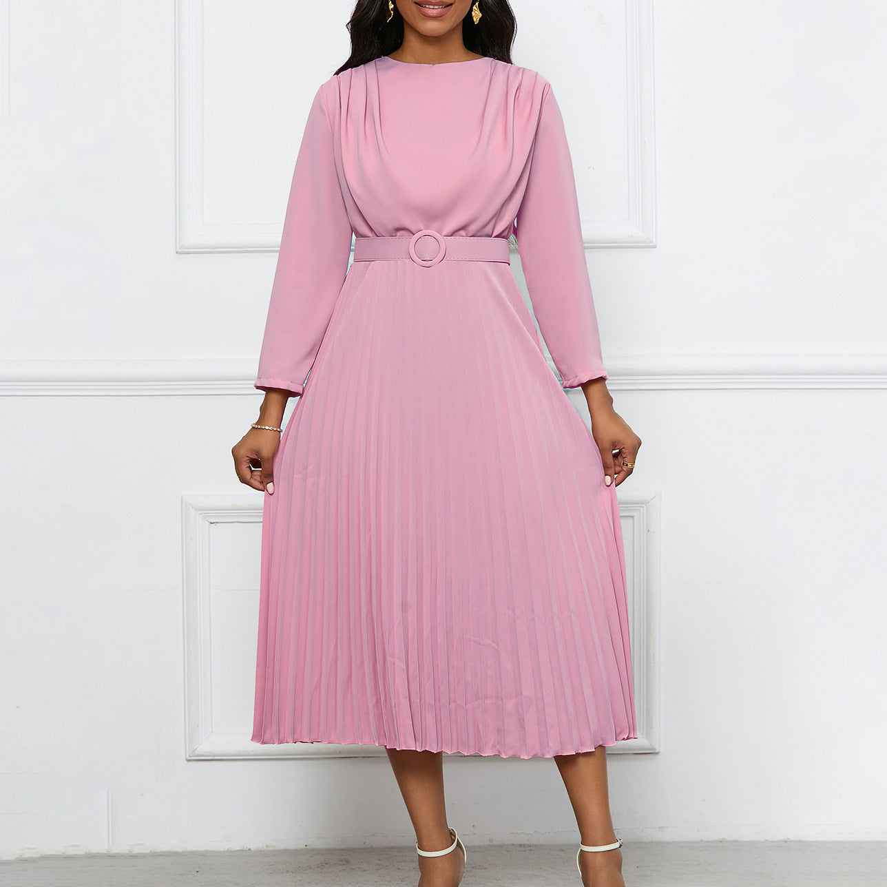 Women's Elegant Pleated Commuter Solid Color African Dress