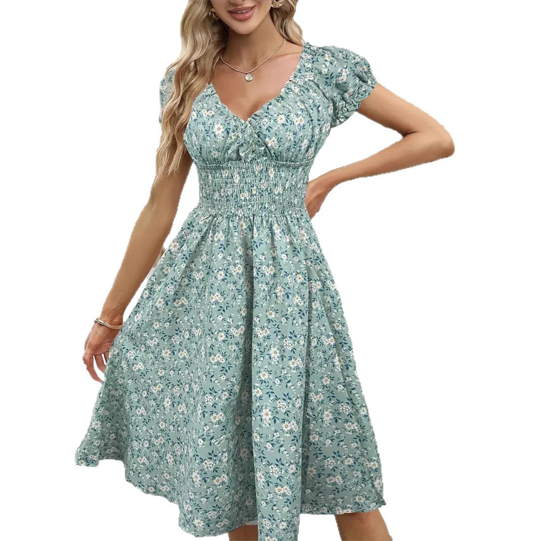 Women's Vintage Floral Puff Sleeve French Dress