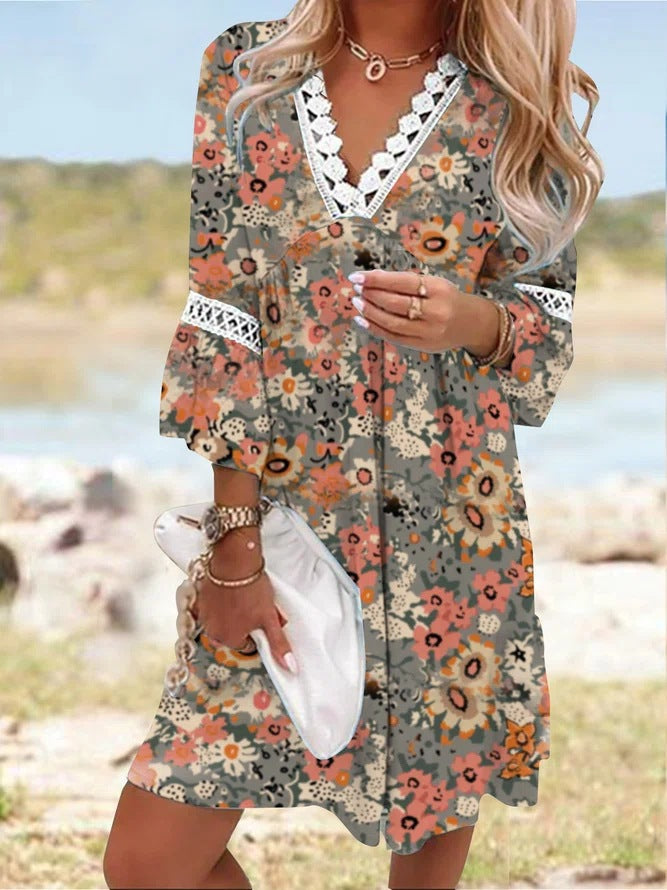 Spring Printed Lace Stitching Bohemian Casual Dresses
