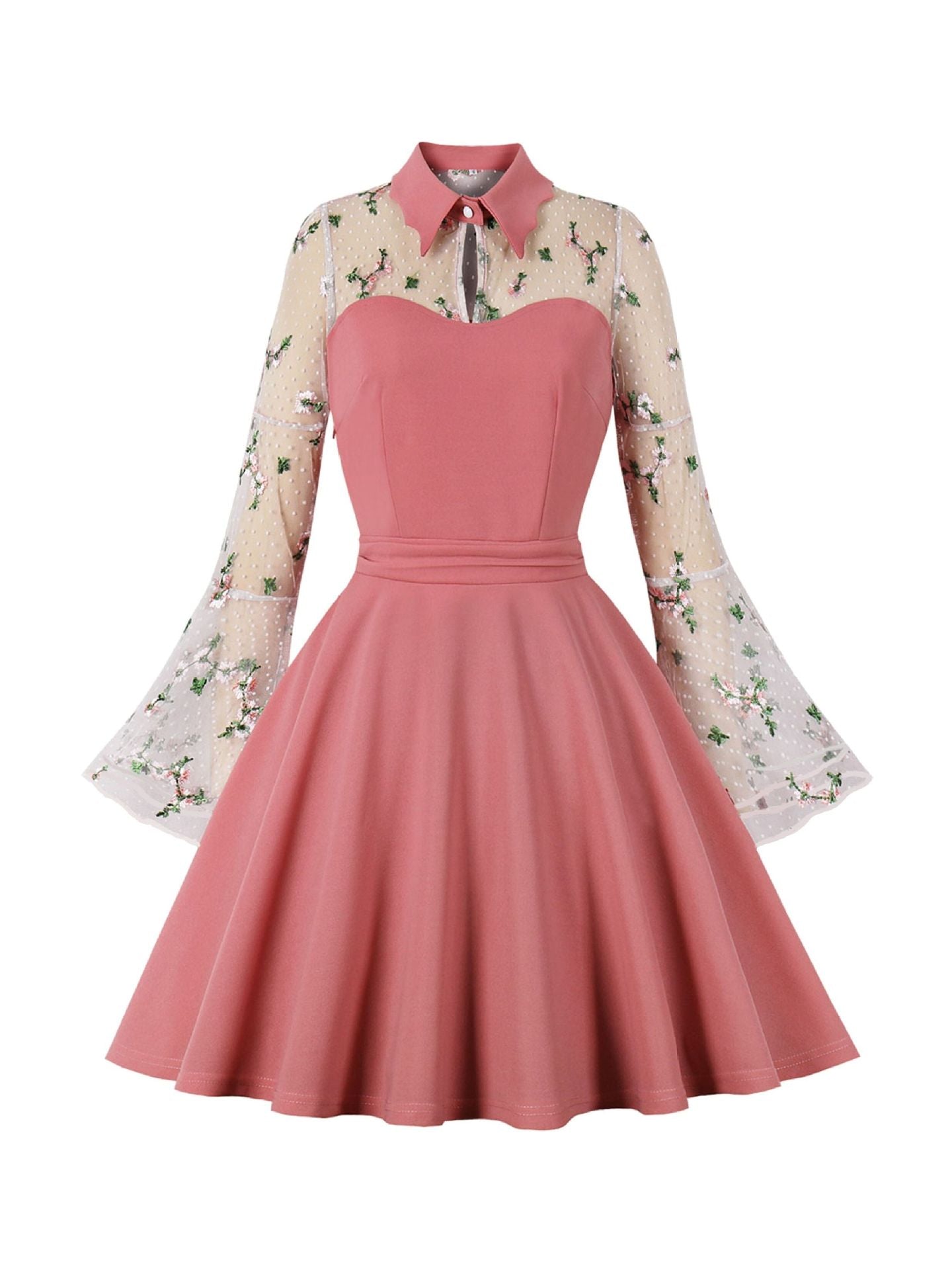 Women's Black Sleeve Mesh Embroidered Bell Patchwork Dresses
