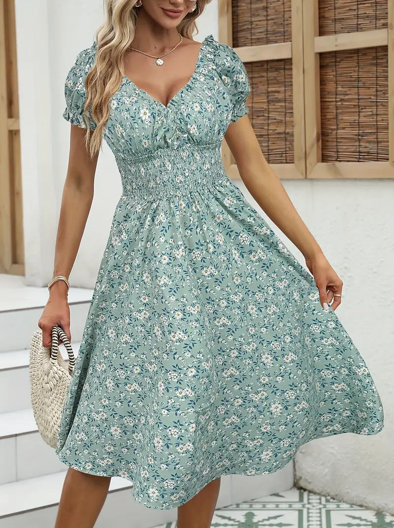 Women's Vintage Floral Puff Sleeve French Dress