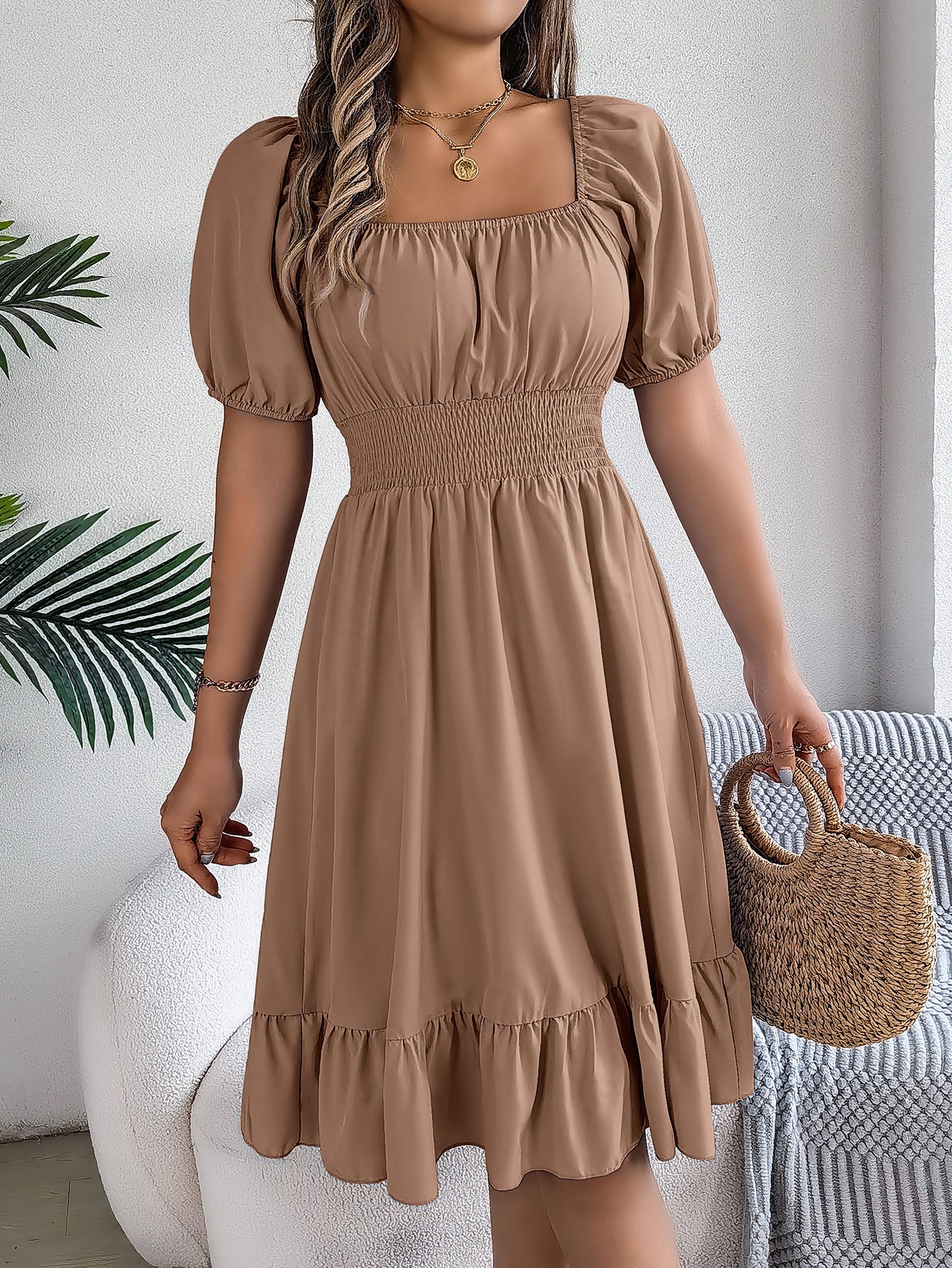 Women's Casual Square Collar Sleeve Waist Trimming Ruffles A- Dress