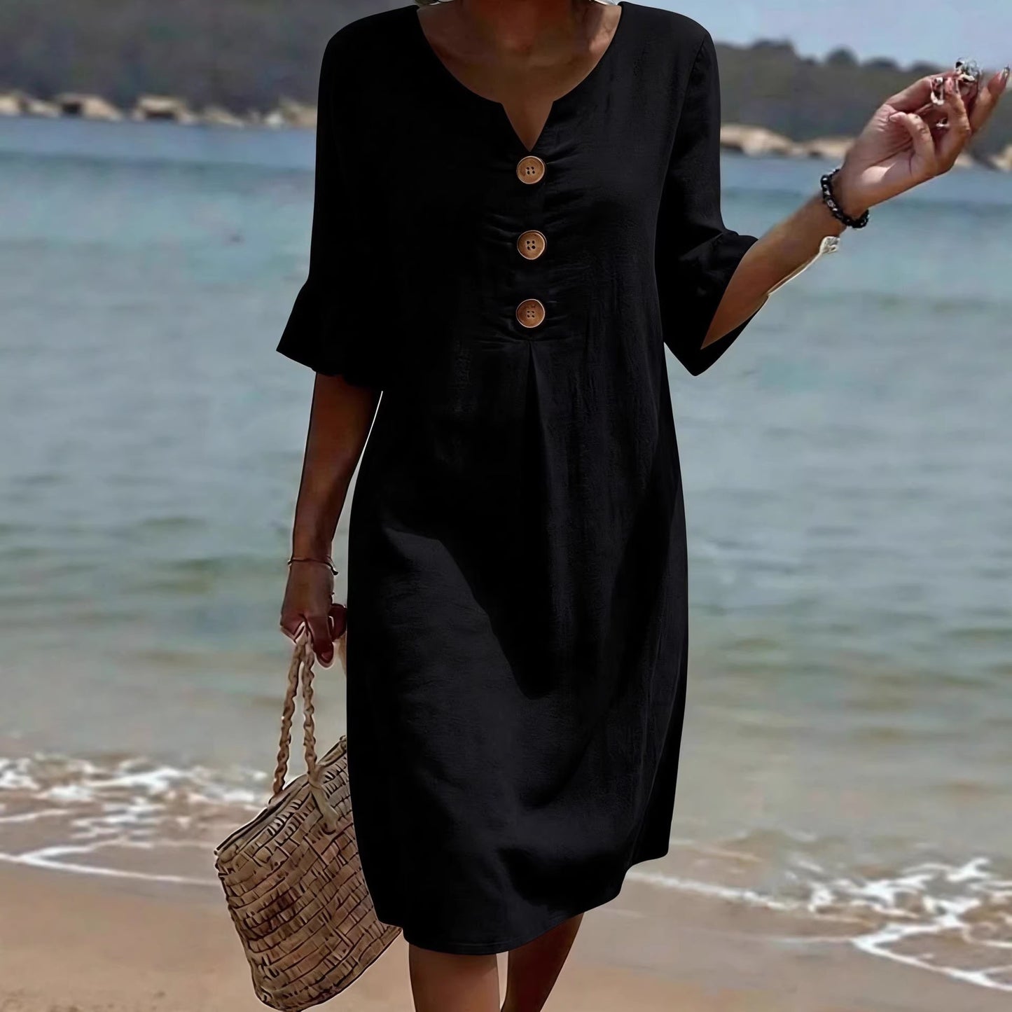 Women's Cotton Linen Buttons Ruffle Sleeve Dress